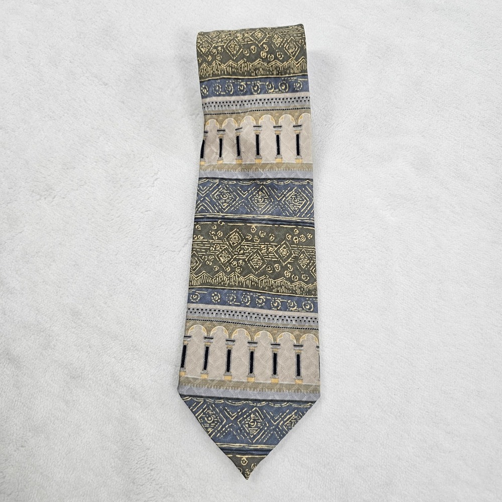 Daniel de Fasson Mens Silk Tie Geometric Architectural Print Olive Blue Handmade